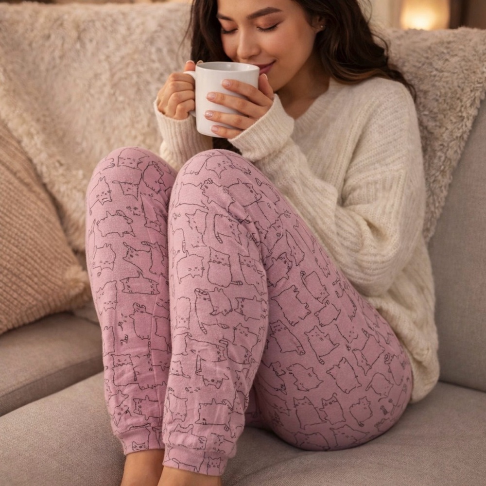 JENNI CAT PRINT PAJAMA LOUNGE PANTS MEDIUM PINK JOGGER SLEEPWEAR CUTE